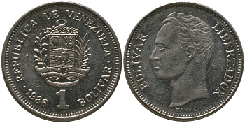 Венесуэла 1 боливар 1986 Симон Боливар KM 52, Schon 62 никель 4525-1145