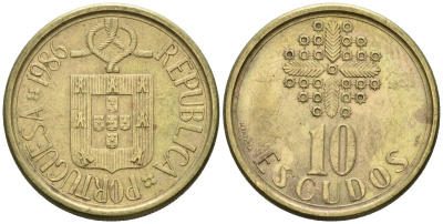 Португалия 10 эскудо 1986 KM 633 никель латунь 4148-512