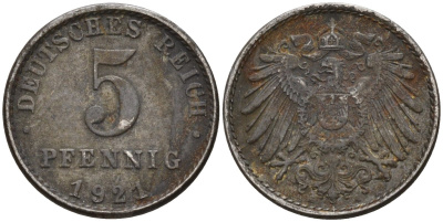 Германия 5 пфеннигов 1921 A KM 19, J. 297 железо 4151-636