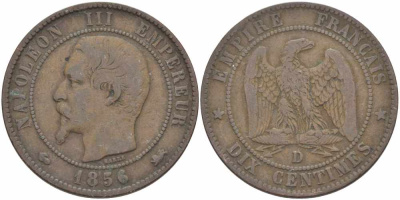 Франция 10 сантимов 1856 D, Наполеон III (1852-1870) KM 771.4, Le Franc 133.35 бронза    4680-621