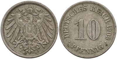 Германия 10 пфеннигов 1909 D KM 12, J. 13 медно-никель 3336-1145