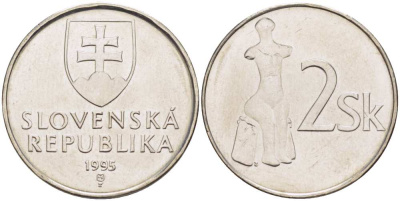 СЛОВАКИЯ 2 КРОНЫ 1995 KM 13 сталь плакированная никелем UNC 4514-757