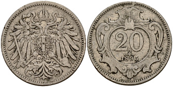 Австрия 20 геллеров 1895 Франц Иосиф I (1848-1916) KM 2803 никель 4154-847
