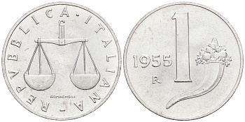 Италия 1 лира 1955 R, весы KM 91 алюминий  UNC  4594-647