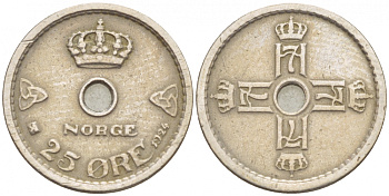 НОРВЕГИЯ 25 ЭРЕ 1924 ХОКОН VII (1905-1957) KM 384 медно-никель 4547-1043