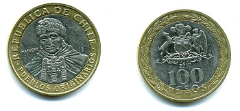 Чили 100 песо 2010 индейцы Мапуче KM 236 биметалл 29-1252