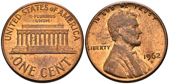 США 1 цент 1962 D, Линкольн KM 201 медь цинк 4564-359