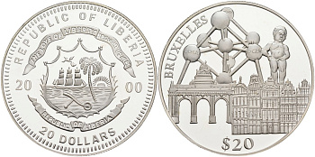 Либерия 20 долларов 2000 серия памятники архитектуры, Брюссель KM 638 серебро PROOF 04-321-21