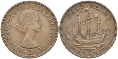 Великобритания 1/2 пенни 1956 Елизавета II (1952-2022) KM 896, Spink 4158 бронза 110-722