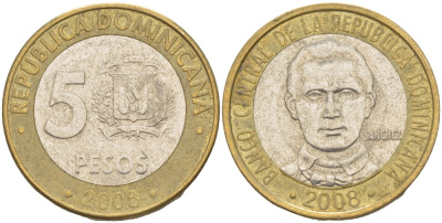 Доминиканская республика 5 песо 2008 Санчес KM 89 биметалл 4541-1125
