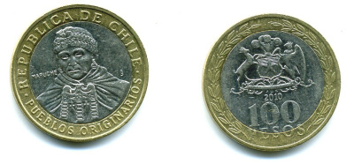 Чили 100 песо 2010 индейцы Мапуче KM 236 биметалл 29-1252