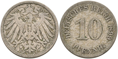 Германия 10 пфеннигов 1899 E KM 12, J. 13 медно-никель 4575-554