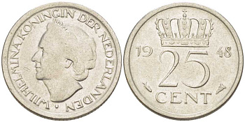 НИДЕРЛАНДЫ 25 ЦЕНТОВ 1948 ВИЛЬГЕЛЬМИНА (1890-1948) KM 177 никель 211-625