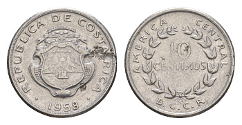 Коста-Рика 10 сентимо 1958 KM 185.1a нержавеющая сталь 4644-613