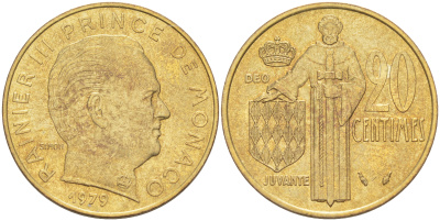 Монако 20 сантимов 1979 Ренье III (1949-2005) KM 143 алюминиевая бронза 190-516