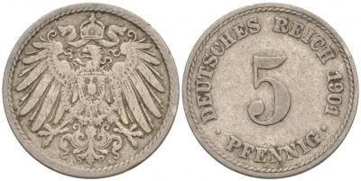 ГЕРМАНИЯ 5 ПФЕННИГОВ 1901 A, KM 11, J. 12 медно-никель 73-168