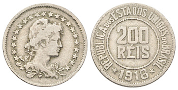 Бразилия 200 реалов (рейсов) 1918 KM 519 медно-никель 210-153