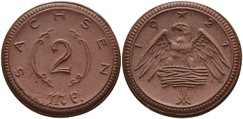 Саксония 2 марки 1921 J. N 56 фарфор 1094-1-33