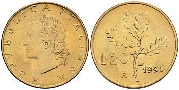 Италия 20 лир 1991 R, дубовый лист KM 97.2 алюминиевая бронза  UNC  4594-766