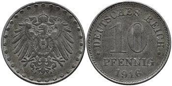 Германия 10 пфеннигов 1916 А KM 20 железо 4171-247