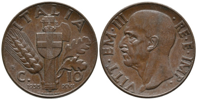 ИТАЛИЯ 10 ЧЕНТЕЗИМО 1938 R, ВИКТОР ИМАНУИЛ III, ГОД XVI KM 74 медь 34-1227