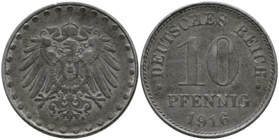 Германия 10 пфеннигов 1916 А KM 20 железо 4171-247