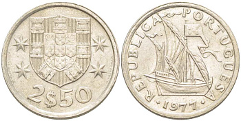 ПОРТУГАЛИЯ 2,5 ЭСКУДО 1977 ПАРУСНИК KM 590 медно-никель UNC 4513-1147