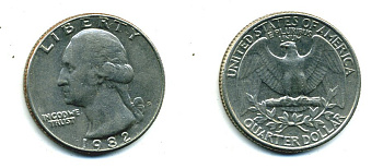 США 25 центов = квотер 1982 D, Вашингтон KM A164a медь плакированная медно-никелем 59-1935