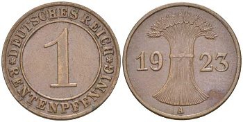 ГЕРМАНИЯ 1 РЕНТЕНПФЕННИГ 1923 А KM 30, J. 306 бронза 66-767