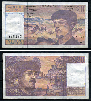 Франция 20 франков 1997 Клод Дебюсси, signatures: Bruneel / Bonnardin / Barroux Pick 151i бумага 8590-6-3-2