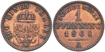 ПРУССИЯ 1 ПФЕННИГ 1868 А, ВИЛЬГЕЛЬМ I (1861-1888) KM 480 медь 201-552
