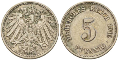 Германия 5 пфеннигов 1910 E KM 11, J. 12, Weege 6 медно-никель 206-963