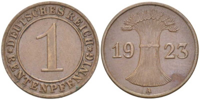ГЕРМАНИЯ 1 РЕНТЕНПФЕННИГ 1923 А KM 30, J. 306 бронза 66-767
