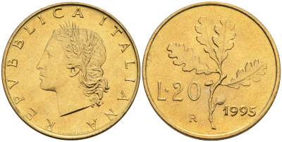 Италия 20 лир 1995 R, дубовый лист KM 97.2 алюминиевая бронза  UNC  4594-942