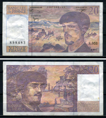 Франция 20 франков 1997 Клод Дебюсси, signatures: Bruneel / Bonnardin / Barroux Pick 151i бумага 8590-6-3-2