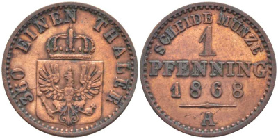 ПРУССИЯ 1 ПФЕННИГ 1868 А, ВИЛЬГЕЛЬМ I (1861-1888) KM 480 медь 201-552