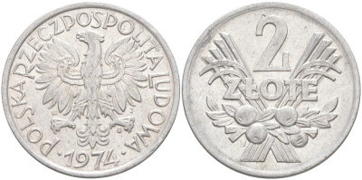 Польша 2 злотых 1974 MW KM 46 алюминий 4397-623