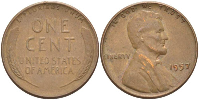 США 1 ЦЕНТ 1957 ЛИНКОЛЬН KM А132 медь цинк 218-1034