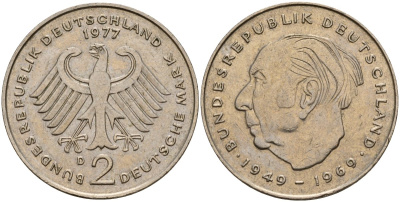ФРГ 2 марки 1977 D, Конрад Аденауэр KM 124, J. 406 медно-никель 4159-1241