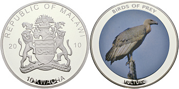 Малави 10 квача 2010 хищные птицы, стервятник, цветная эмаль, диаметр 50 мм PROOF 05-089-22