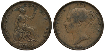 Великобритания 1 пенни 1855 Виктория (1837-1901) KM 739, Spink 3948 медь 1523-1331