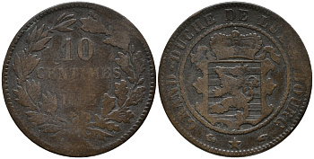 ЛЮКСЕМБУРГ 10 САНТИМОВ 1855 ВИЛЬЯМ III НИДЕРЛАНДСКИЙ (1849-1890) KM 23.1 бронза 32-645