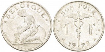 Бельгия 1 франк 1922 Belgique, Альберт I (1910-1934) KM 89 никель 261-451