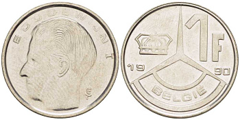 БЕЛЬГИЯ 1 ФРАНК 1990 BELGIE, БОДУЭН I (1951-1993) КМ 171 железо плакированное никелем 206-226