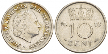 Нидерланды 10 центов 1955 Юлиана (1949-1980) KM 182 никель 4547-826