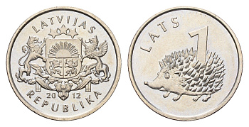 Латвия 1 лат 2012 Ежик KM 135 медно-никель UNC 4679-363