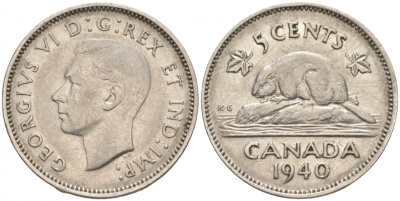 Канада 5 центов 1940 бобр, Георг VI (1937-1952) KM 33 никель 73-1147
