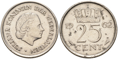 Нидерланды 25 центов 1962 Юлиана (1949-1980) KM 183 никель    4174-648
