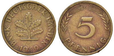 ФРГ 5 пфеннигов 1949 G KM 102 сталь плакированная бронзой 4174-511