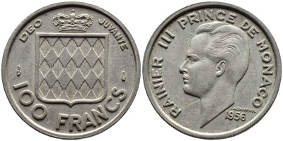 Монако 100 франков 1956 Ренье III (1949-2005) KM 134 медно-никель 4364-1543